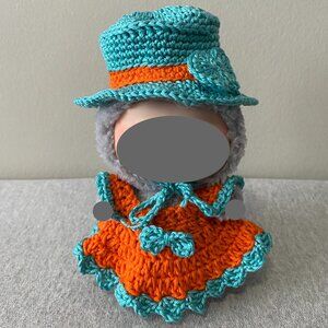 Handmade Crochet Blue Orange Top Hat Outfit for 17cm Plush Doll 2-Piece Set